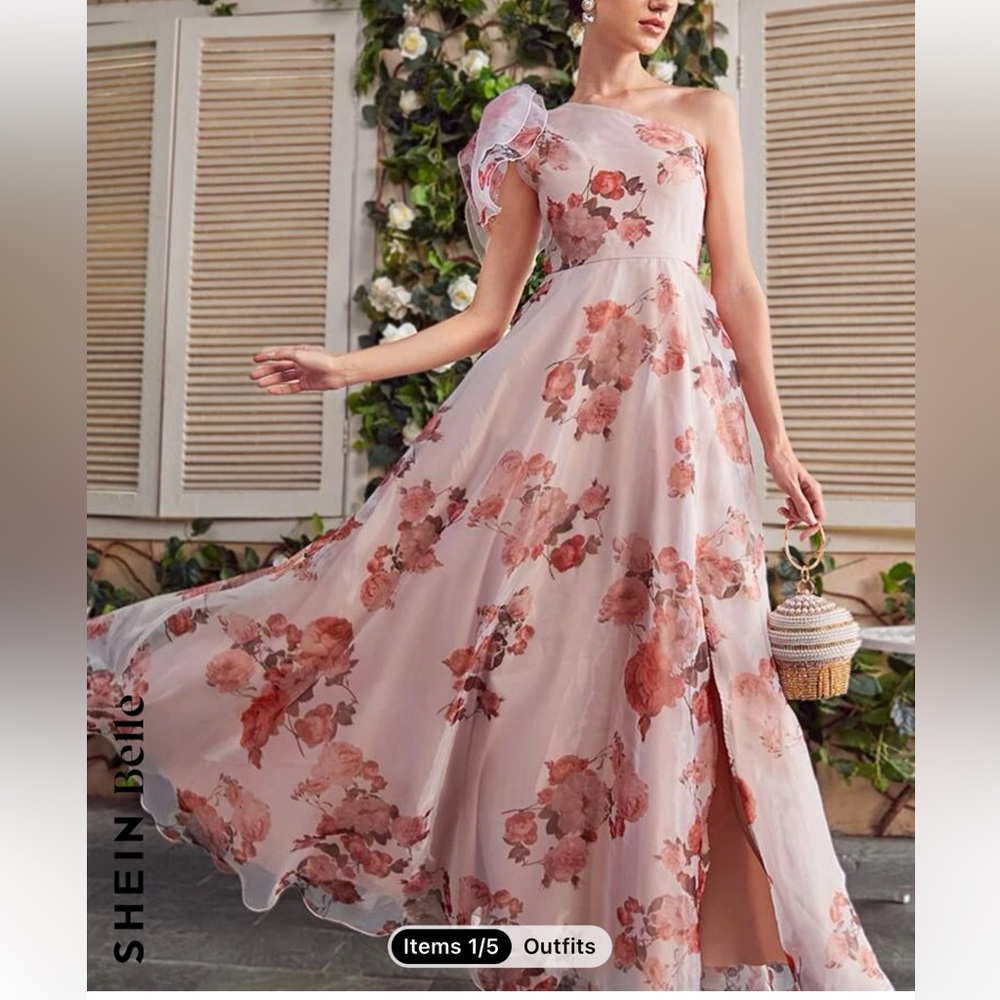 SHEIN Belle One Shoulder Knot Side Floral Bridesmaid Dress